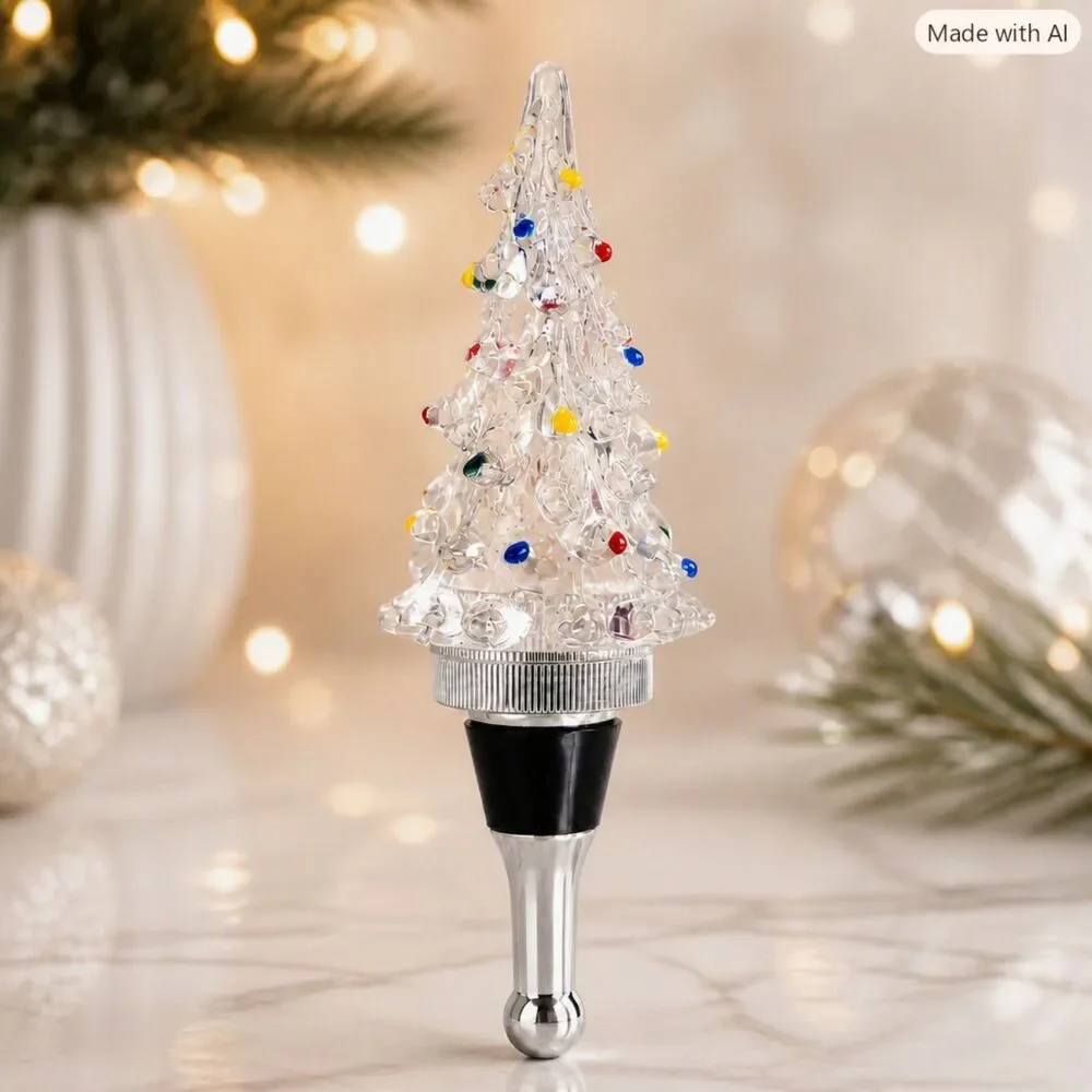 Source Unknown Clear Glass Christmas Tree Bottle Stopper with Multicolor Accents